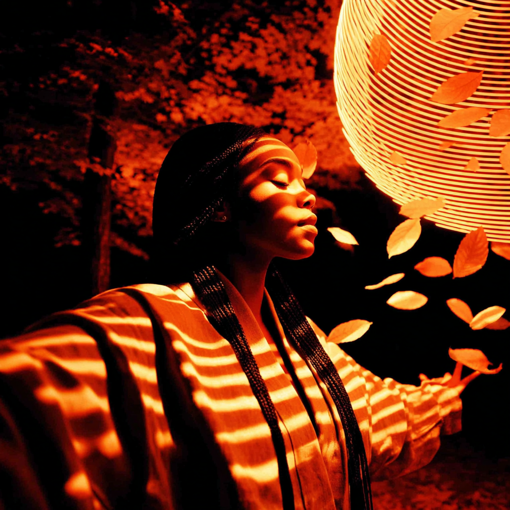 A black woman with long braids in a striped robe standing near a large glowing lantern with leaves floating in the air.