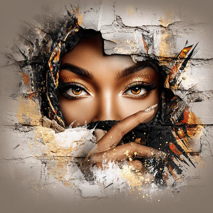 An editorial portrait of a woman with gold glitter makeup looking through a broken white brick wall with gold leaf accents.