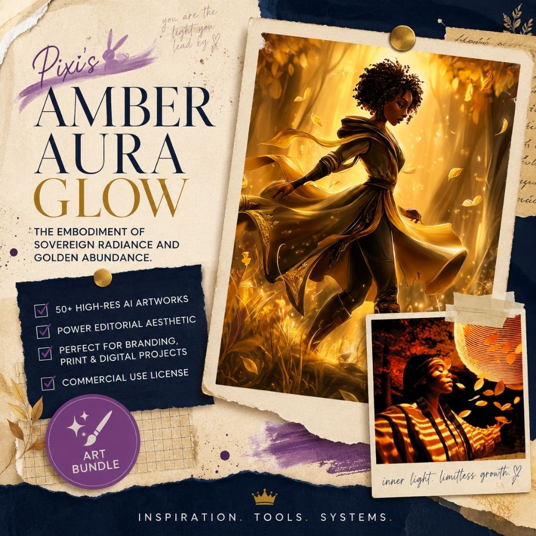 Square EPIC AI Agency Pixi art bundle cover featuring a parchment collage background, Prussian Blue paper accents, and Amethyst creative details. The design showcases luminous golden autumn-inspired artwork in layered editorial photo frames, highlighting a premium collection of AI-generated imagery for branding, creative projects, and visual storytelling.