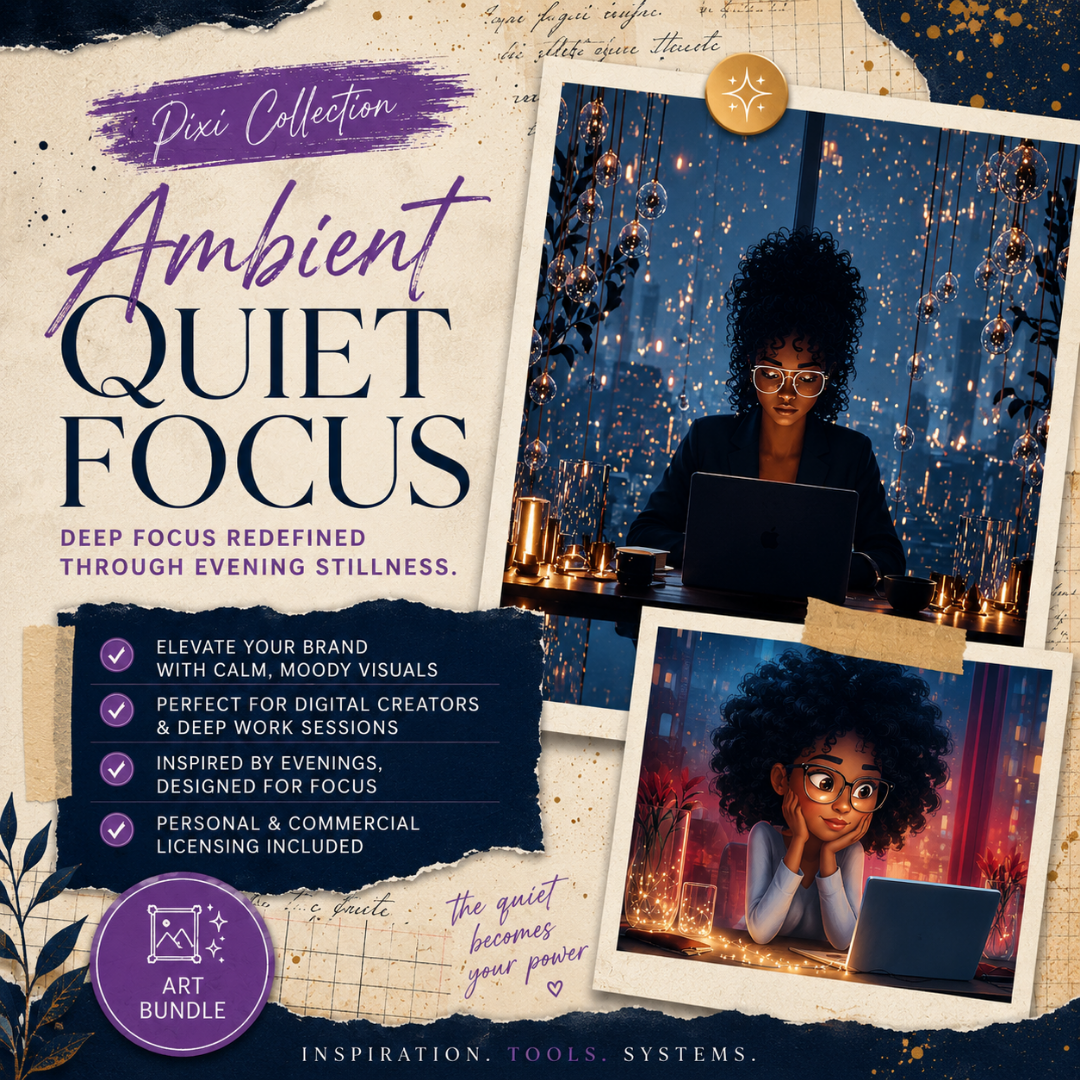 Square EPIC AI Agency Pixi art bundle cover featuring a parchment collage background, Prussian Blue torn-paper accents, and Amethyst highlights. The design showcases atmospheric evening workspace artwork with focused Black women creators, warm city lights, and moody late-night productivity visuals designed for branding, content creation, and the soft life aesthetic. by Charlene Grant in Walsall