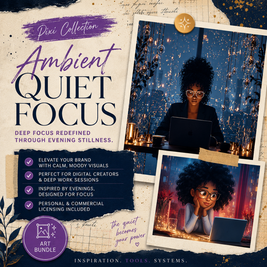 Square EPIC AI Agency Pixi art bundle cover featuring a parchment collage background, Prussian Blue torn-paper accents, and Amethyst highlights. The design showcases atmospheric evening workspace artwork with focused Black women creators, warm city lights, and moody late-night productivity visuals designed for branding, content creation, and the soft life aesthetic. by Charlene Grant in Walsall
