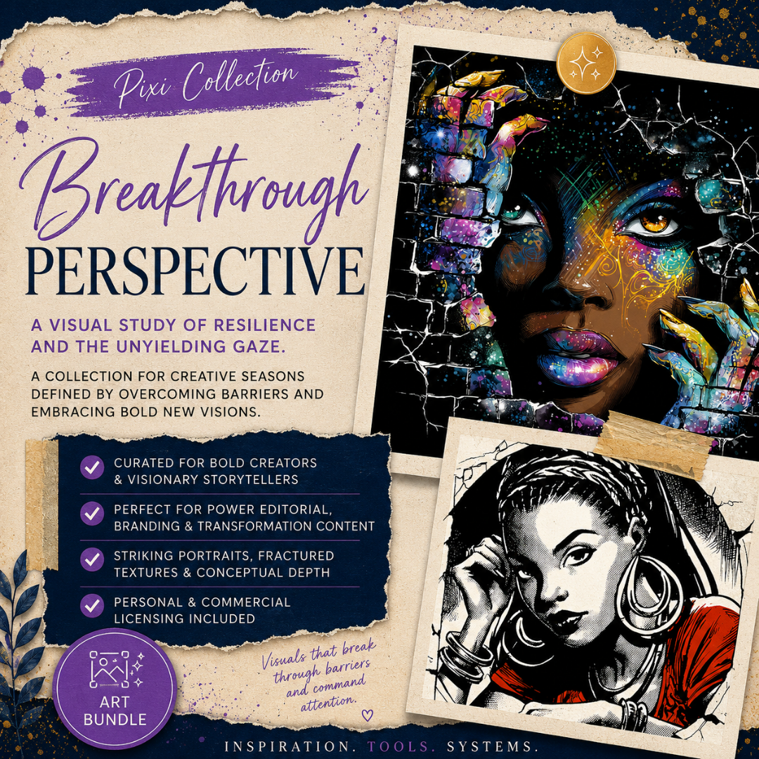 Square EPIC AI Agency Pixi art bundle cover featuring a parchment collage background, Prussian Blue structure, and Amethyst accents. The design showcases powerful Black women emerging through fractured walls, blending cosmic street-art textures, graphic noir portraiture, and breakthrough symbolism for branding, editorial storytelling, personal transformation themes, and high-impact creative campaigns. by Charlene Grant in Walsall, UK