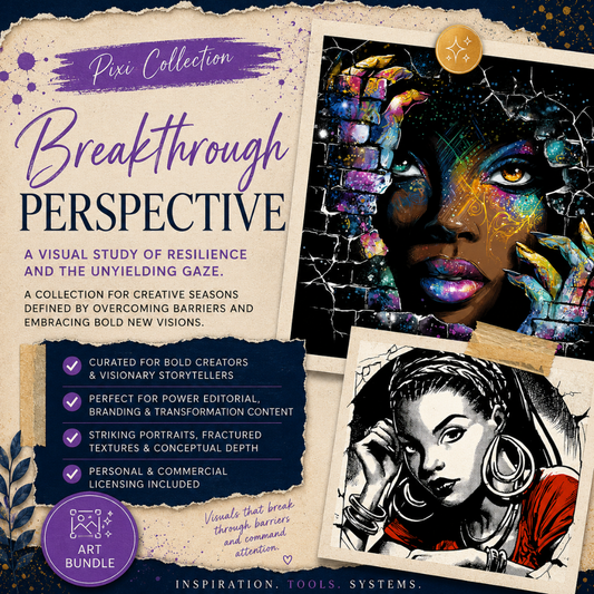 Square EPIC AI Agency Pixi art bundle cover featuring a parchment collage background, Prussian Blue structure, and Amethyst accents. The design showcases powerful Black women emerging through fractured walls, blending cosmic street-art textures, graphic noir portraiture, and breakthrough symbolism for branding, editorial storytelling, personal transformation themes, and high-impact creative campaigns. by Charlene Grant in Walsall, UK