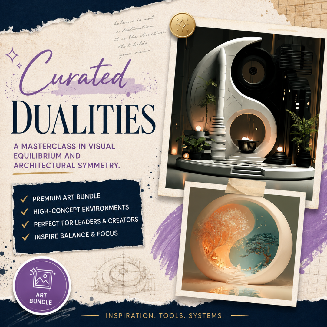Square EPIC AI Agency product cover for an art bundle called _Curated Dualities_, featuring a parchment collage background, Prussian Blue torn-paper accents, and Amethyst Pixi highlights. The cover showcases sophisticated yin-yang inspired architectural environments and balanced conceptual landscapes in layered editorial frames, designed to communicate focus, symmetry, strategic alignment, and creative leadership. by Charlene Grant in Walsall