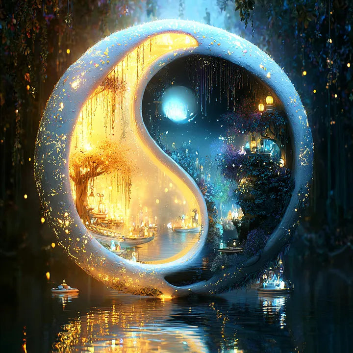 A glowing Yin-Yang portal floating over water, depicting a sunlit forest interior on the left and a starry night garden on the right.