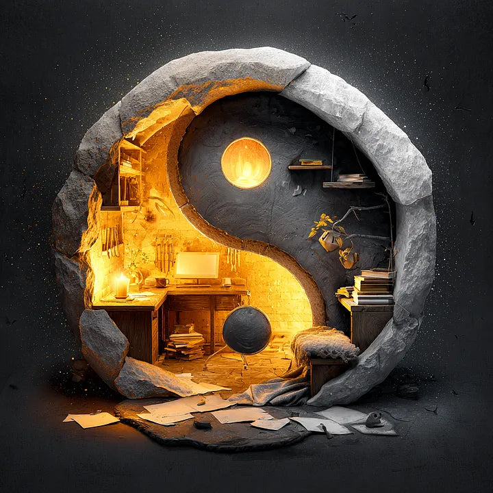 A stone-carved Yin-Yang structure containing a warm, candlelit home office filled with books and a computer, contrasted against a dark textured background.