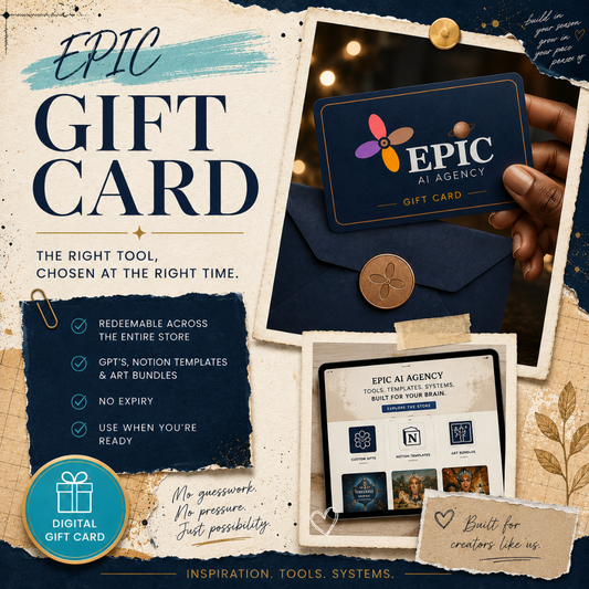 Square EPIC AI Agency digital gift card cover featuring a parchment-textured collage background, Prussian Blue torn-paper accents, Honey Bronze details, and elegant tilted gift card mockups. The design highlights flexible gifting for custom GPTs, Notion templates, and art bundles with a premium editorial scrapbook aesthetic in the EPIC AI Agency brand style. By Charlene Grant in Walsall