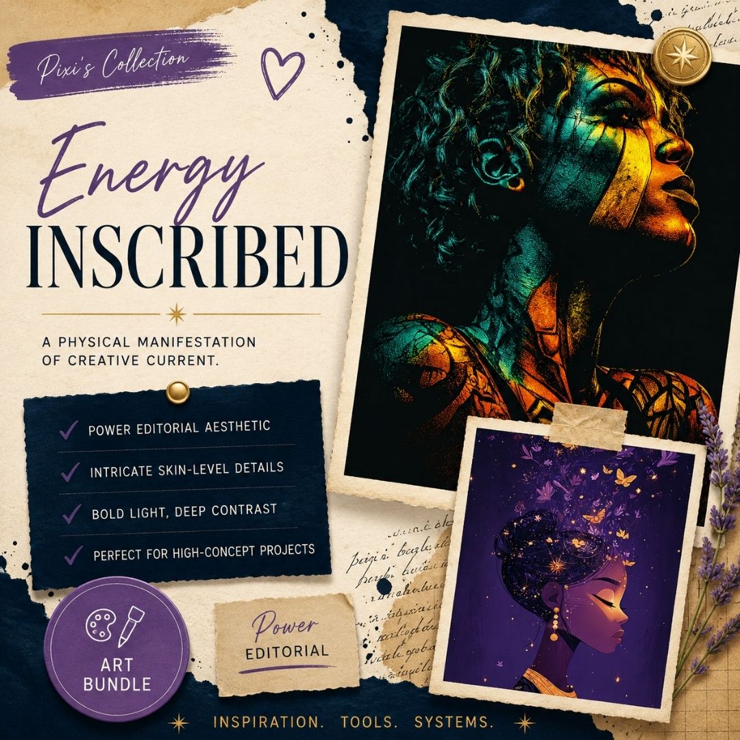 Square EPIC AI Agency art bundle cover for Energy Inscribed, featuring a parchment collage background, Prussian Blue torn-paper accents, Amethyst Pixi details, and dramatic artwork previews blending bioluminescent portraiture, digital motifs, and luminous botanical energy. Designed for creators building bold editorial brands, futuristic visual identities, and high-concept creative projects that explore the space between technology and human expression. by Charlene Grant in Walsall