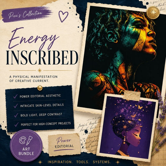 Square EPIC AI Agency art bundle cover for Energy Inscribed, featuring a parchment collage background, Prussian Blue torn-paper accents, Amethyst Pixi details, and dramatic artwork previews blending bioluminescent portraiture, digital motifs, and luminous botanical energy. Designed for creators building bold editorial brands, futuristic visual identities, and high-concept creative projects that explore the space between technology and human expression. by Charlene Grant in Walsall