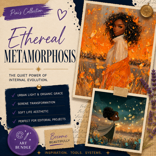 Square EPIC AI Agency art bundle cover for Ethereal Metamorphosis, featuring a parchment collage background, Prussian Blue torn-paper accents, Amethyst Pixi details, and luminous artwork previews blending glowing butterflies, city skylines, soft nature elements, and themes of personal transformation. Designed for creators, lifestyle brands, and storytellers exploring growth, self-discovery, gentle evolution, and the beauty of becoming. ny Charlene Grant in Walsall