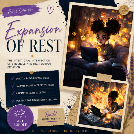 Square EPIC AI Agency art bundle cover for Expansion of Rest, featuring a parchment collage background, Prussian Blue torn-paper accents, Amethyst Pixi details, and glowing artwork previews of creators working from cosy sanctuary spaces illuminated by radiant geometric light. Designed for visionary entrepreneurs, creative founders, and personal brands exploring the relationship between rest, focus, innovation, and quiet momentum. by Charlene Grant Walsall