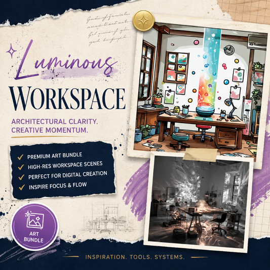 Square EPIC AI Agency product cover for an art bundle called Luminous Workspace, featuring a parchment collage background, Prussian Blue torn-paper accents, and Amethyst Pixi highlights. The cover showcases luminous creative studio environments in layered tilted frames, designed to evoke clarity, focus, creative momentum, and high-impact visual inspiration. by Charlene Grant in Walsall