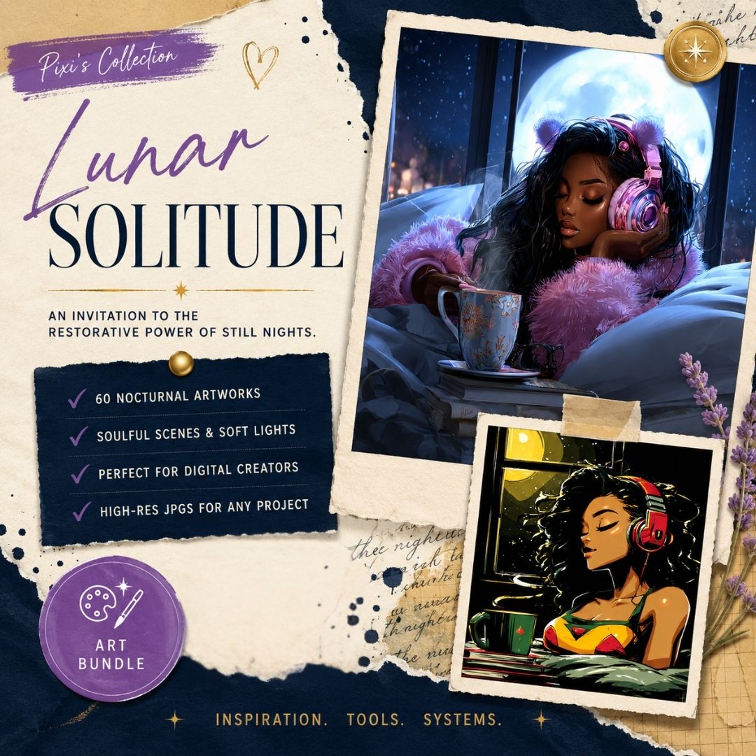 Square EPIC AI Agency art bundle cover for Lunar Solitude, featuring a parchment collage background, Prussian Blue torn-paper accents, Amethyst Pixi details, and tilted artwork preview frames showing moonlit evening scenes, headphones, warm drinks, and peaceful nighttime reflection. Designed for creators seeking soft-life inspired AI art, wellness-themed visuals, and atmospheric nocturnal imagery. by Charlene Grant Walsall