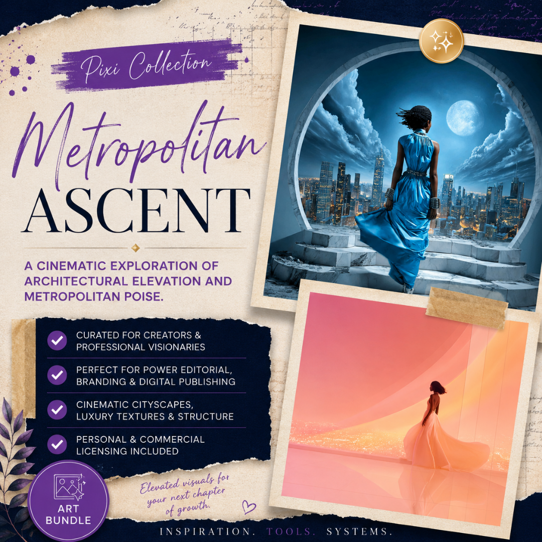 Square EPIC AI Agency Pixi art bundle cover featuring a parchment collage background, Prussian Blue structure, and Amethyst accents. The design showcases elegant Black women framed within architectural cityscapes, moonlit skylines, luxury interiors, and elevated editorial environments, created for sophisticated branding, digital publications, personal growth narratives, and visionary creative projects. By Charlene Grant in Walsall