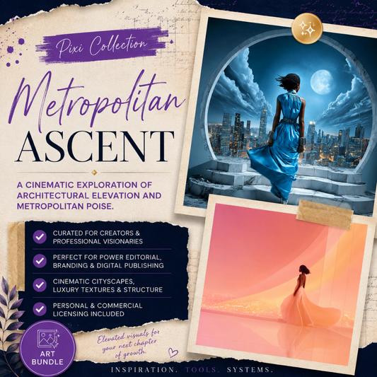 Square EPIC AI Agency Pixi art bundle cover featuring a parchment collage background, Prussian Blue structure, and Amethyst accents. The design showcases elegant Black women framed within architectural cityscapes, moonlit skylines, luxury interiors, and elevated editorial environments, created for sophisticated branding, digital publications, personal growth narratives, and visionary creative projects. By Charlene Grant in Walsall