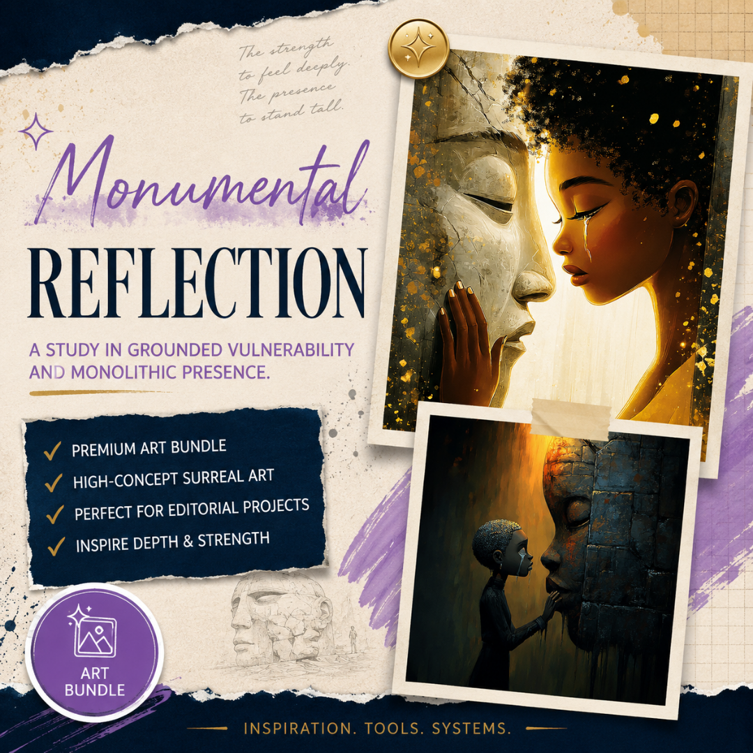 Square EPIC AI Agency product cover for an art bundle called _Monumental Reflection_, featuring a parchment collage background, Prussian Blue torn-paper accents, and Amethyst Pixi highlights. The cover showcases cinematic surreal portrait artwork with monumental sculptural faces, emotional storytelling, and golden light, designed to evoke introspection, resilience, quiet authority, and editorial sophistication. by Charlene Grant in Walsall