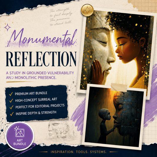 Square EPIC AI Agency product cover for an art bundle called _Monumental Reflection_, featuring a parchment collage background, Prussian Blue torn-paper accents, and Amethyst Pixi highlights. The cover showcases cinematic surreal portrait artwork with monumental sculptural faces, emotional storytelling, and golden light, designed to evoke introspection, resilience, quiet authority, and editorial sophistication. by Charlene Grant in Walsall