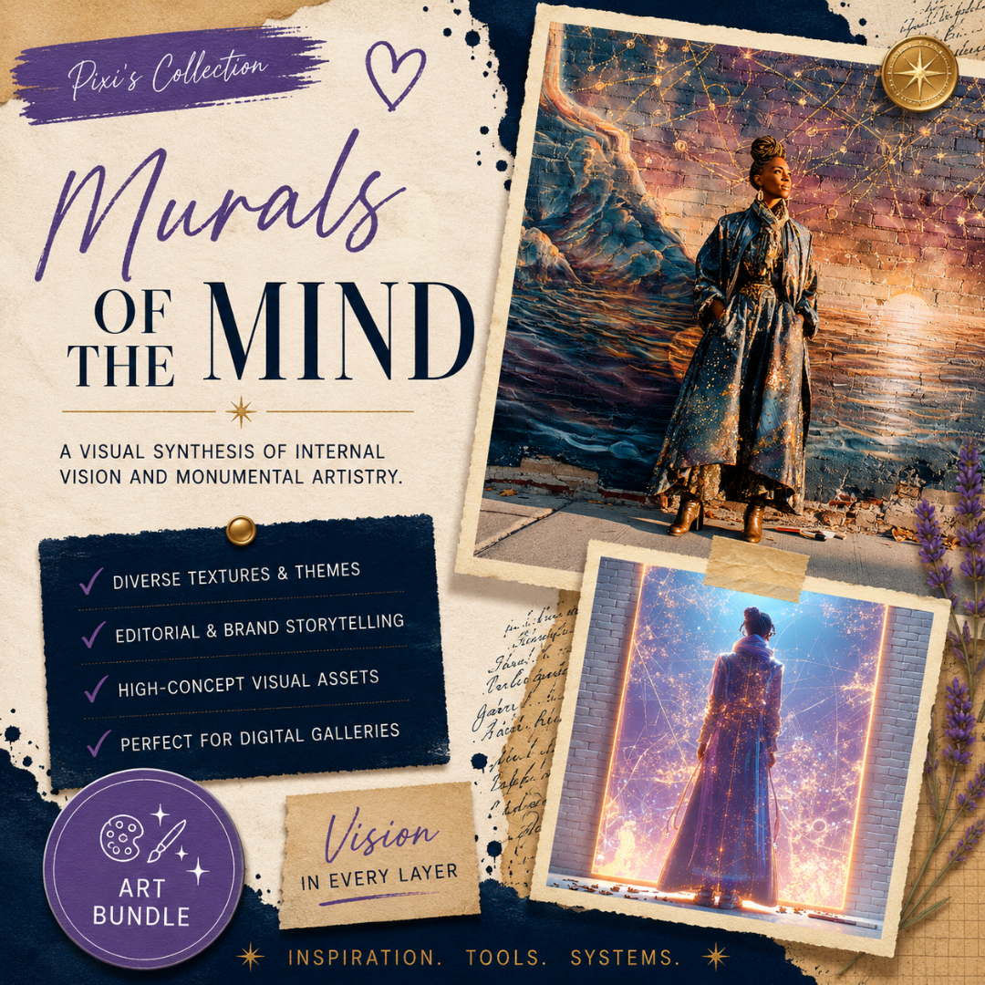 Square EPIC AI Agency art bundle cover for Murals of the Mind, featuring a parchment collage background, Prussian Blue torn-paper accents, Amethyst Pixi details, and visionary artwork previews blending cosmic murals, architectural textures, luminous networks, and symbolic self-expression. Designed for creators, storytellers, and personal brands exploring identity, imagination, creative leadership, and large-scale visual narratives. by Charlene Grant in Walsall