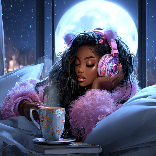 Digital artwork featuring a person in a pink faux fur coat with cat-ear headphones, holding a floral mug by a moonlit window. Affirmed Visionary Art