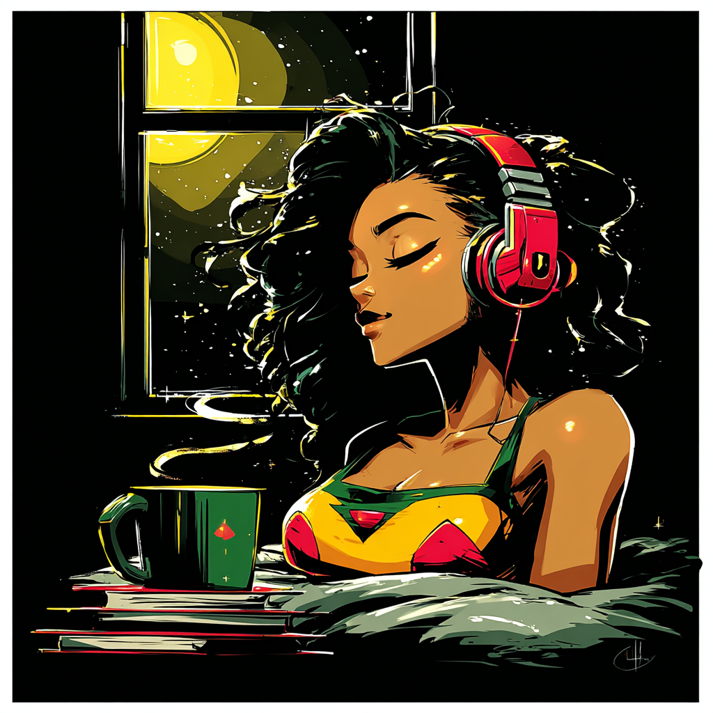 Stylized art of a person with headphones and closed eyes sitting by a window with a steaming mug and a stack of books. Affirmed Visionary Art