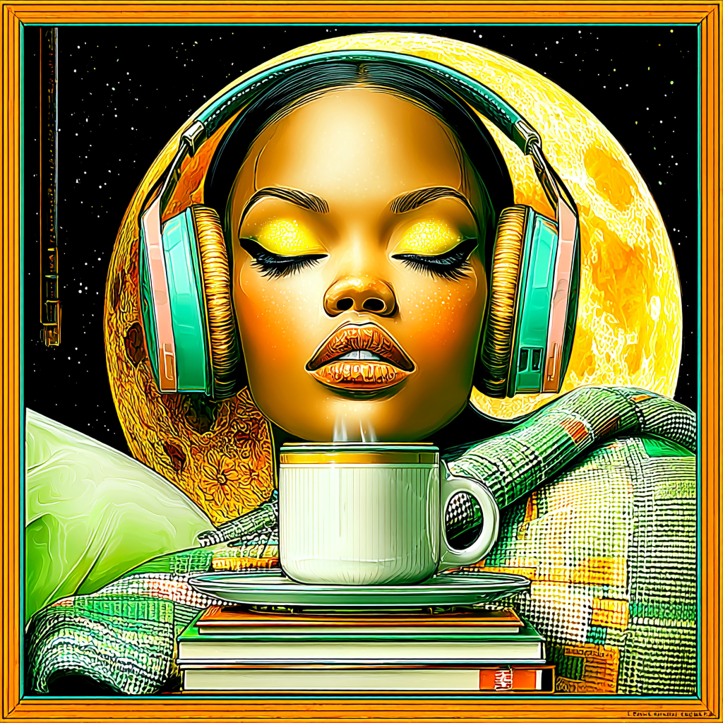 Vibrant close-up illustration of a person wearing teal headphones with golden eyeshadow, centered in front of a large, luminous moon. Affirmed Visionary Art