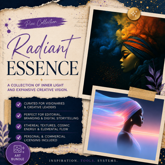 Square EPIC AI Agency Pixi art bundle cover featuring a parchment collage background, Prussian Blue structure, and Amethyst accents. The design showcases ethereal Black women profile portraits with luminous headwraps, cosmic smoke textures, elemental colour flow, and refined editorial energy for visionary branding, digital storytelling, and high-end creative projects. by Charlene Grant in Walsall