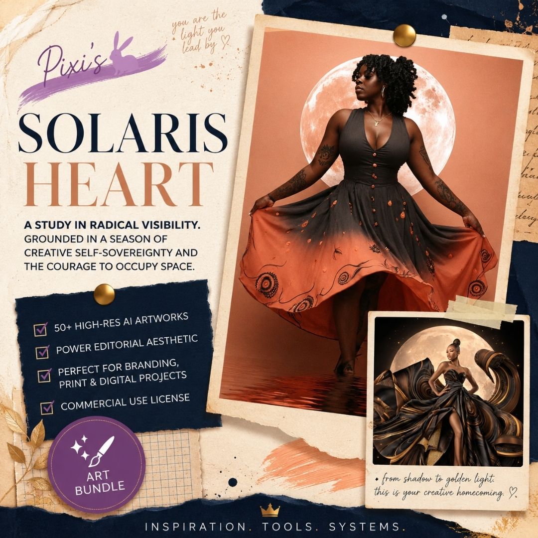 Square EPIC AI Agency Pixi art bundle cover featuring a parchment collage background, Prussian Blue paper accents, and Amethyst creative details. The design showcases celestial-inspired AI artwork of powerful Black women framed against luminous moons, blending photographic realism and illustrative surrealism for premium personal branding, creative storytelling, and visual identity projects. by Charlene Grant in Walsall