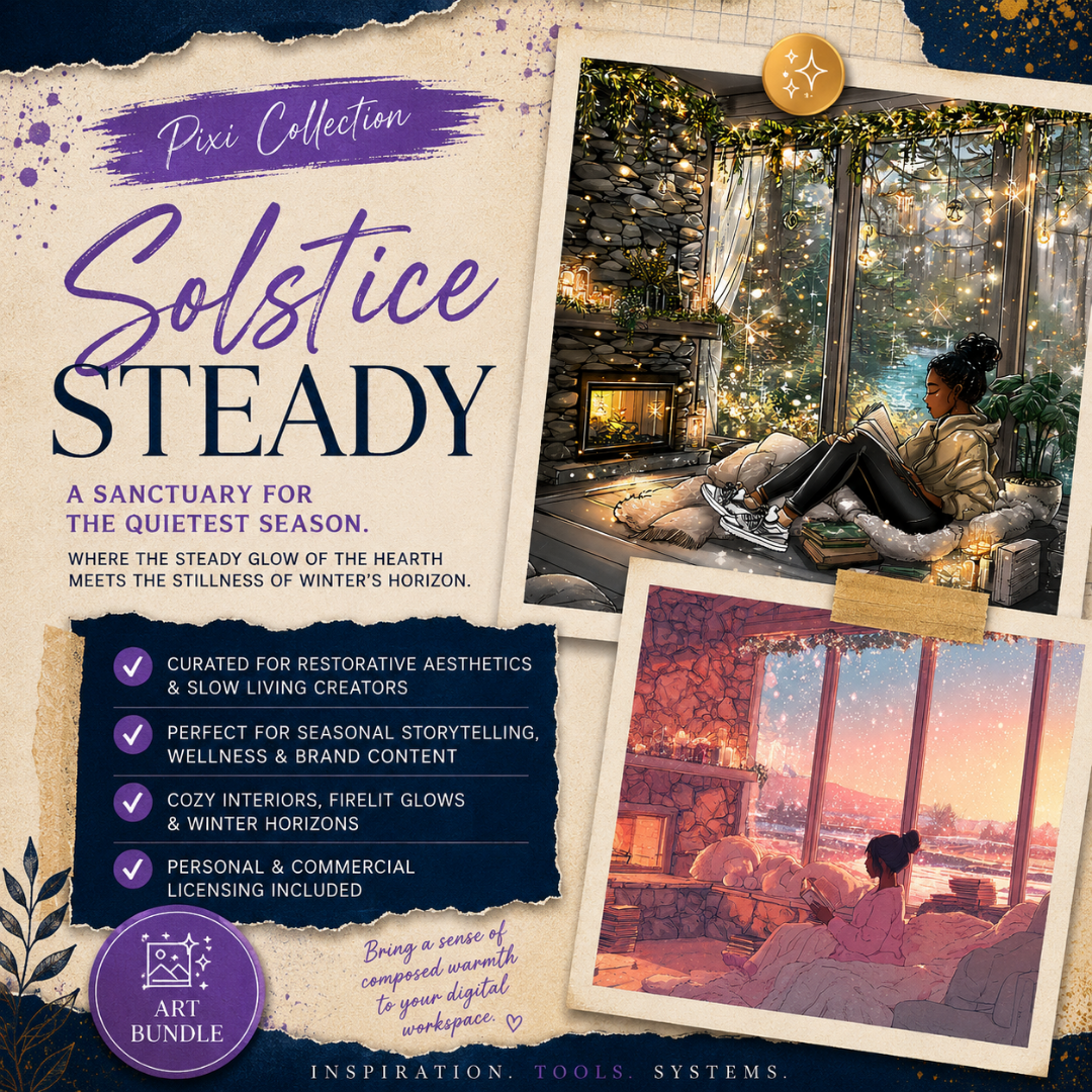 Square EPIC AI Agency Pixi art bundle cover featuring a parchment collage background, Prussian Blue torn-paper accents, and Amethyst highlights. The design showcases cozy winter reading spaces, glowing fireplaces, sparkling seasonal interiors, and peaceful snow-covered horizons, created for wellness brands, soft-living content, seasonal storytelling, and creative digital projects. by Charlene Grant in Walsall