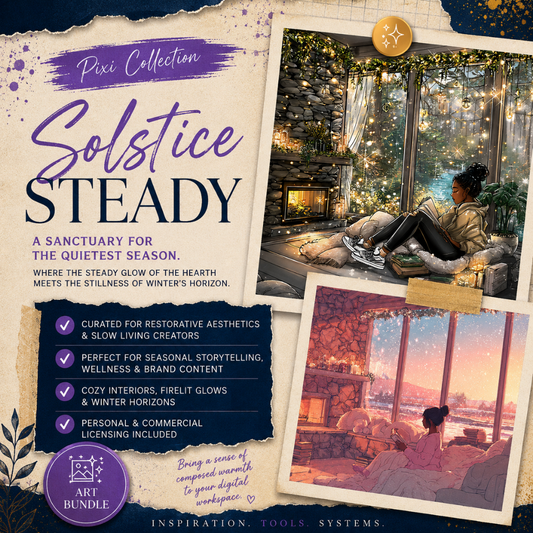 Square EPIC AI Agency Pixi art bundle cover featuring a parchment collage background, Prussian Blue torn-paper accents, and Amethyst highlights. The design showcases cozy winter reading spaces, glowing fireplaces, sparkling seasonal interiors, and peaceful snow-covered horizons, created for wellness brands, soft-living content, seasonal storytelling, and creative digital projects. by Charlene Grant in Walsall