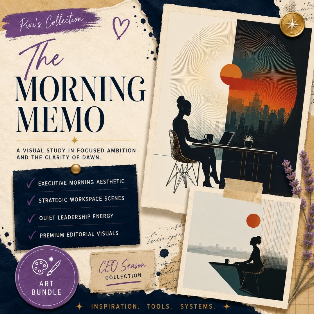Square EPIC AI Agency art bundle cover for The Morning Memo, featuring a parchment collage background, Prussian Blue torn-paper accents, Amethyst Pixi details, and minimalist executive-themed artwork previews showing focused workspace scenes, architectural city silhouettes, and dawn-inspired geometric compositions. Designed for creators, coaches, and brands communicating intentional leadership, strategic thinking, and the quiet discipline of a CEO morning routine. by Charlene Grant Walsall
