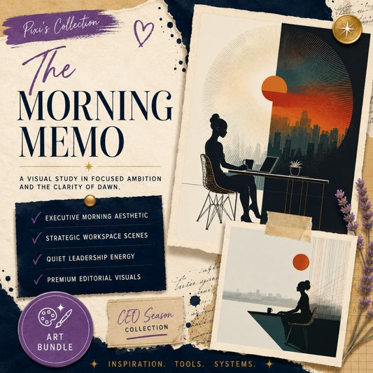 Square EPIC AI Agency art bundle cover for The Morning Memo, featuring a parchment collage background, Prussian Blue torn-paper accents, Amethyst Pixi details, and minimalist executive-themed artwork previews showing focused workspace scenes, architectural city silhouettes, and dawn-inspired geometric compositions. Designed for creators, coaches, and brands communicating intentional leadership, strategic thinking, and the quiet discipline of a CEO morning routine. by Charlene Grant Walsall