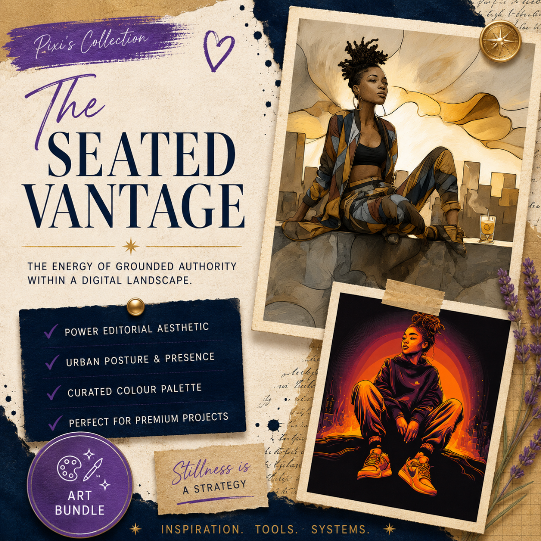Square EPIC AI Agency art bundle cover for The Seated Vantage, featuring a parchment collage background, Prussian Blue torn-paper accents, Amethyst Pixi details, and editorial artwork previews of confident seated figures framed by urban skylines, warm architectural tones, and futuristic city energy. Designed for creative directors, visionary founders, and premium brands communicating presence, perspective, authority, and intentional leadership. by Charlene Grant in Walsall
