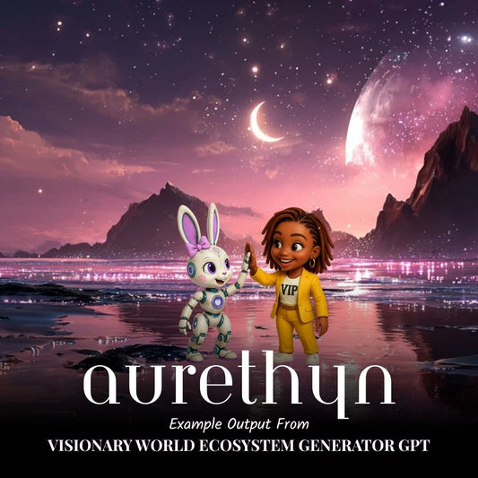 Affirmed Visionary AI assistant Eve and Pixi the rabbit hole mascot standing infront of a magical night time scene from the generator