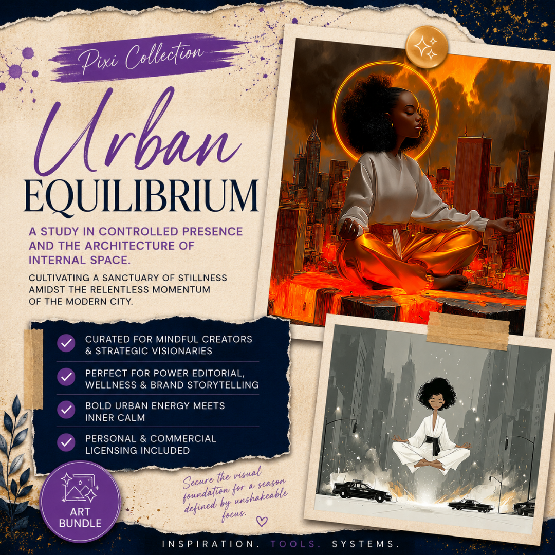 Square EPIC AI Agency Pixi art bundle cover featuring a parchment collage background, Prussian Blue structure, and Amethyst accents. The design showcases meditative Black women suspended between powerful cityscapes and minimalist urban environments, blending strategic focus, mindfulness, editorial energy, and modern visual storytelling for wellness brands, leadership content, and creative entrepreneurs. by Charlene Grant in Walsall
