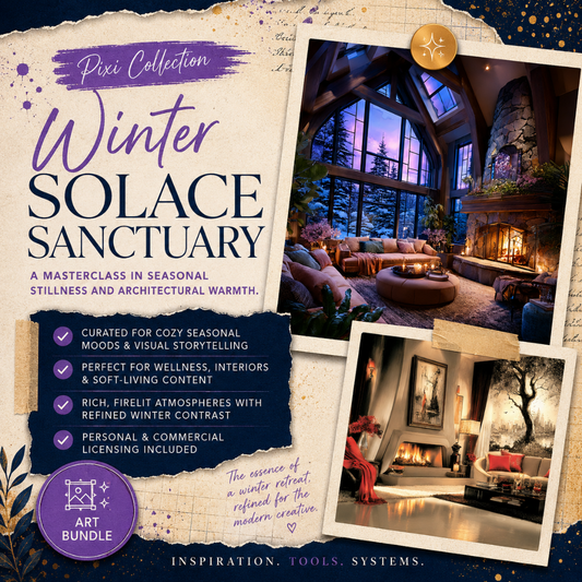 Square EPIC AI Agency Pixi art bundle cover featuring a parchment collage background, Prussian Blue structure, and Amethyst accents. The design showcases luxurious winter interiors with glowing fireplaces, snow-framed architecture, and warm sanctuary-inspired spaces created for wellness brands, interior design content, seasonal storytelling, and soft-living creatives. By Charlene Grant in Walsall