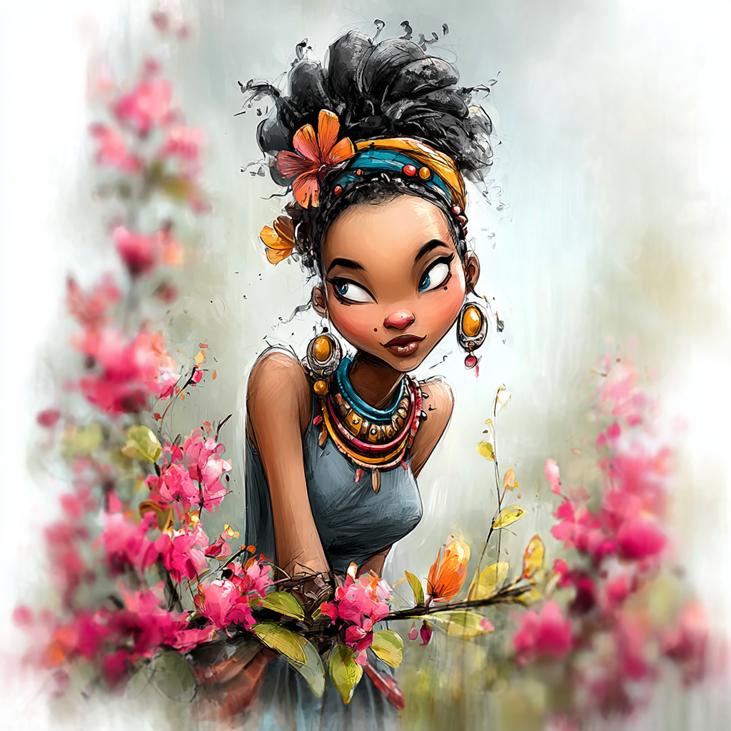Creative watercolor-style illustration of a woman with vibrant floral hair accessories and bold jewelry.