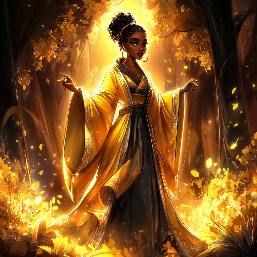 A woman in a flowing yellow and black gown standing in a sun-drenched forest clearing with glowing light particles.
