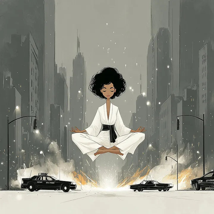 Minimalist digital illustration of a figure in white attire levitating in a meditative pose above a busy city street with tall buildings and classic cars.