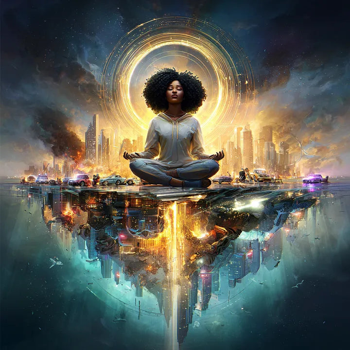 Surreal conceptual art of a figure meditating at the center of a celestial halo above a floating urban landscape in a dark cosmic setting.