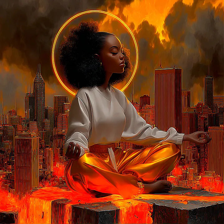 Cinematic digital painting of a figure meditating on a stone ledge overlooking a glowing city with orange fiery light and a dark, cloudy sky.