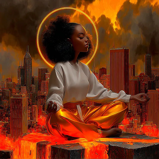 Cinematic digital painting of a figure meditating on a stone ledge overlooking a glowing city with orange fiery light and a dark, cloudy sky.