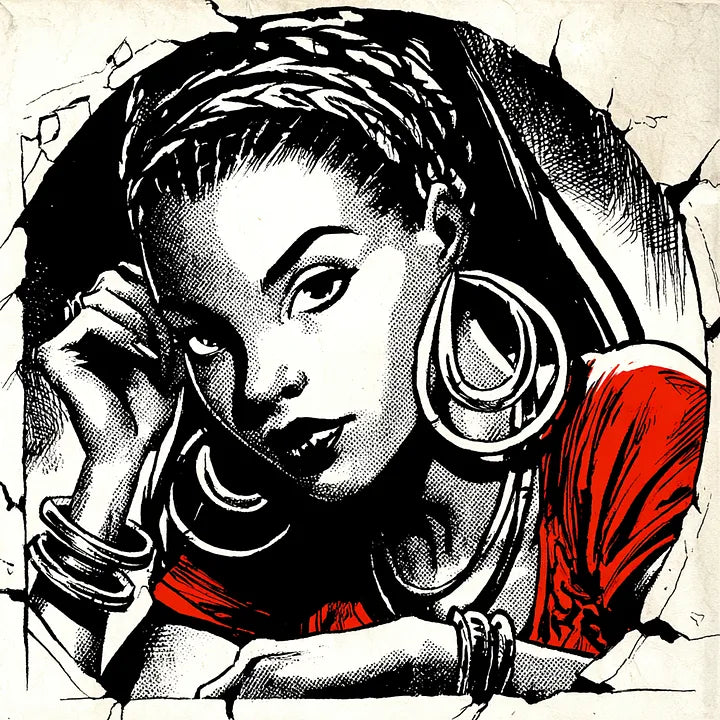A graphic black and white illustration with red accents featuring a woman with braided hair peering through a cracked circular frame.