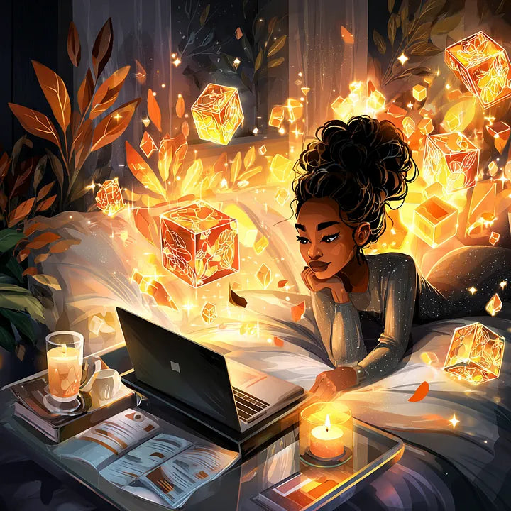 A person reclines on a bed with a laptop, looking thoughtful as glowing floral-patterned cubes float through a sunlit and candlelit interior.