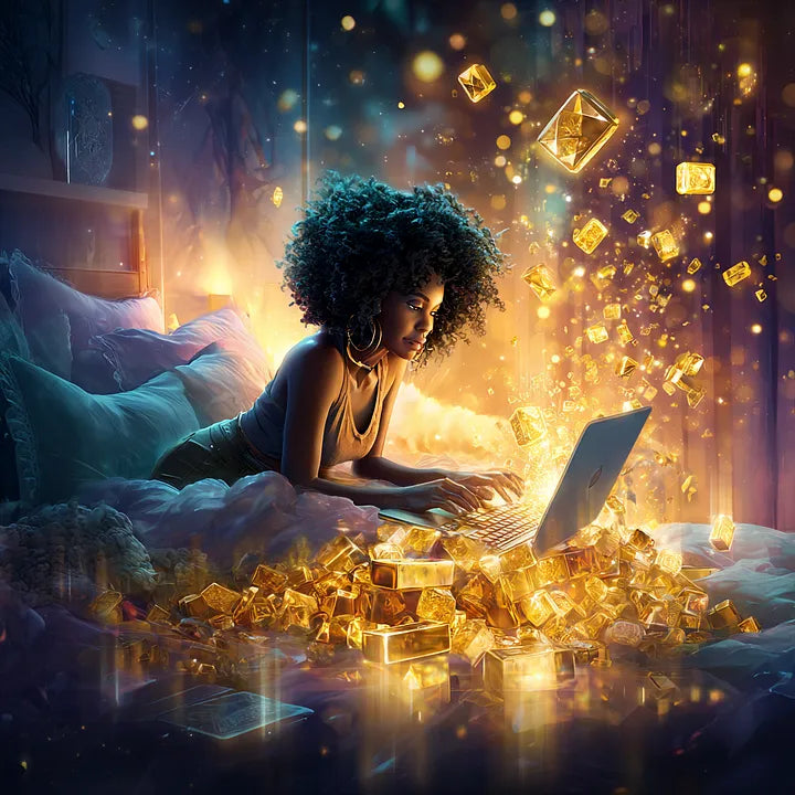 A person with an afro lies on a bed of golden glowing cubes, working on a laptop amidst a swirling, high-energy digital atmosphere.