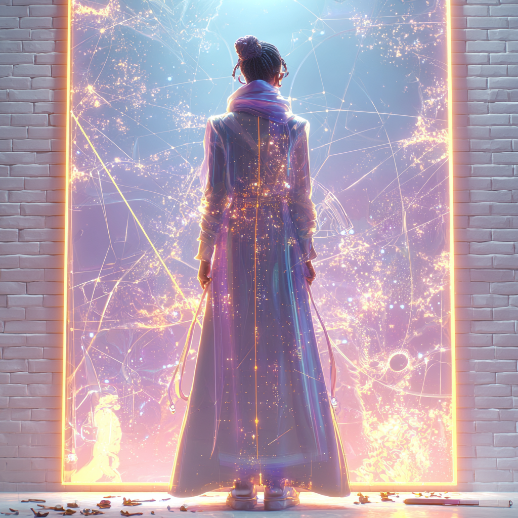 A figure stands before a rectangular portal of light filled with glowing celestial connections and nebula-like patterns.