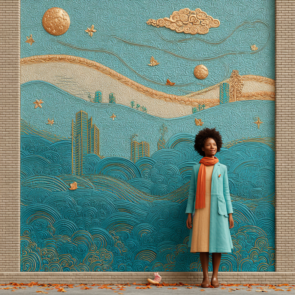 A person in a teal coat and orange scarf stands beside a textured blue relief mural featuring stylized city and nature motifs.