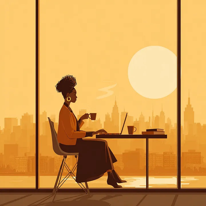 Silhouette of a woman in a business blazer holding a coffee cup, sitting at a desk with a laptop against a golden cityscape at sunrise.