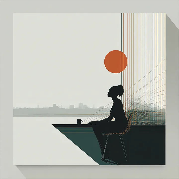 Minimalist geometric art showing a dark silhouette of a woman sitting at a desk under a burnt orange sun, with vertical lines and a distant city horizon.