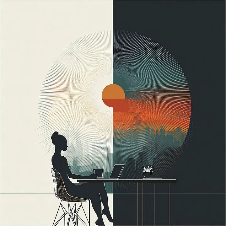Abstract graphic split between light and dark backgrounds, featuring a central rising sun motif over a stylized urban skyline with a silhouette working at a desk.
