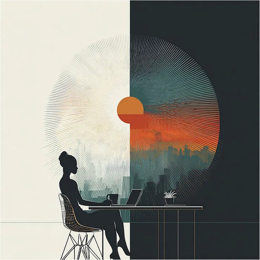 Abstract graphic split between light and dark backgrounds, featuring a central rising sun motif over a stylized urban skyline with a silhouette working at a desk.